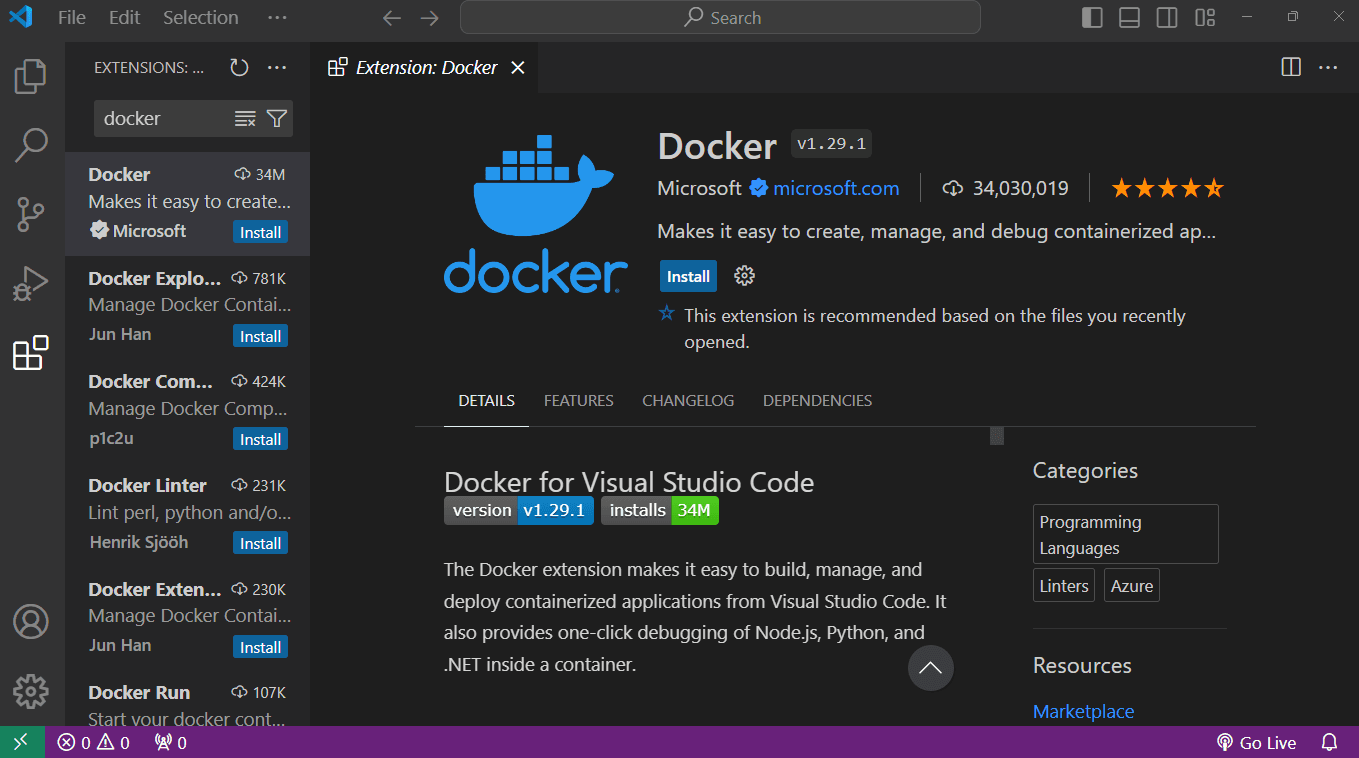 Docker extension screen
