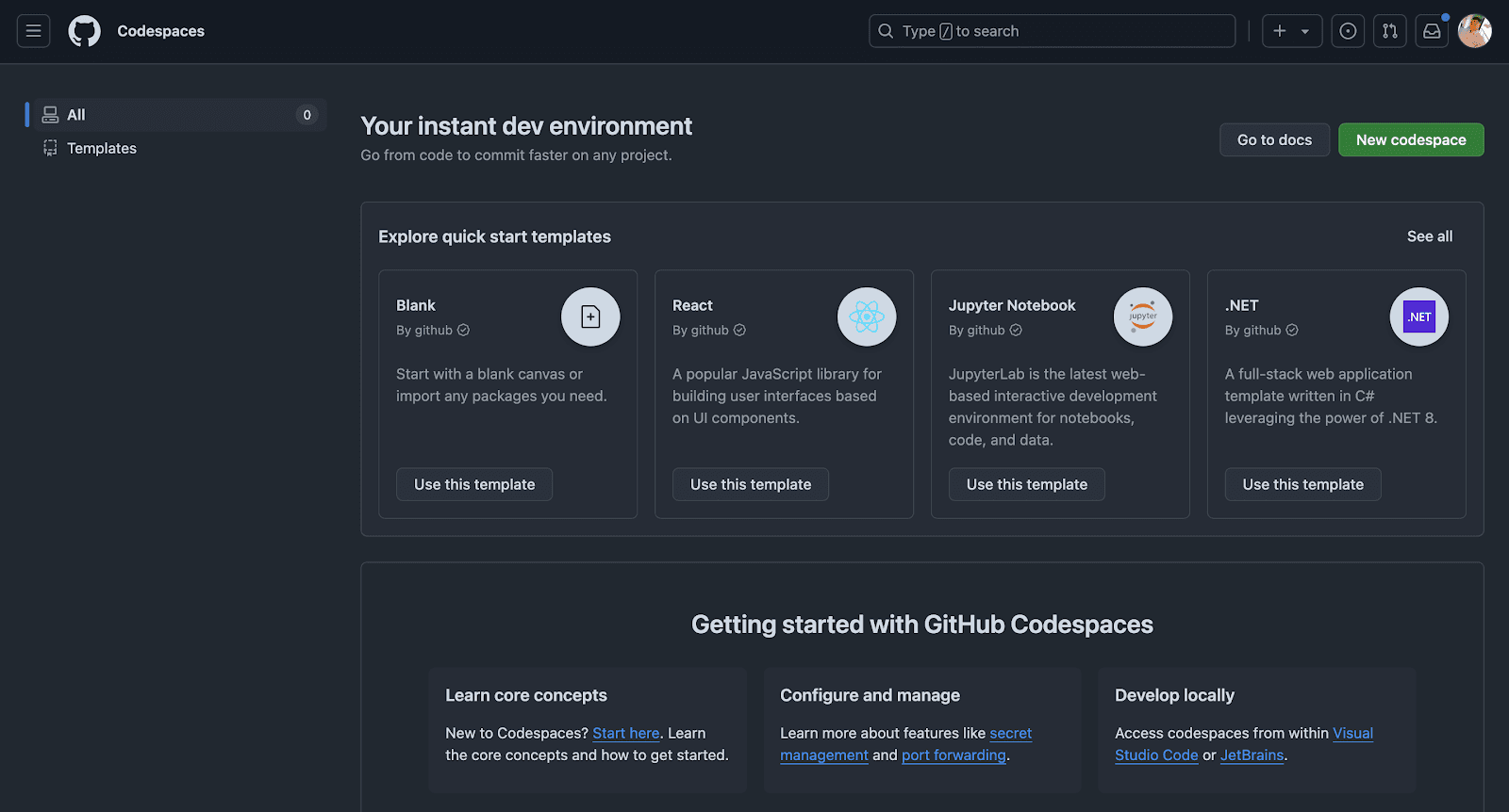 An image of GitHub Codespaces workspace dashboard