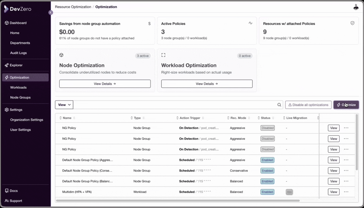DevZero granular optimization policy
